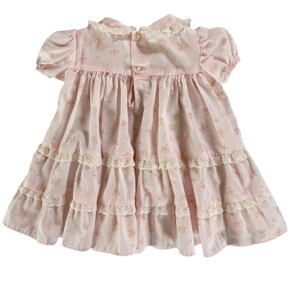 Vintage Polly Flinders Hand Smocked Dress Pink Floral Lace 0-3 Months - Picture 2 of 4